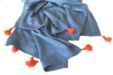 Leinenschal blau mit orangen Tasseln